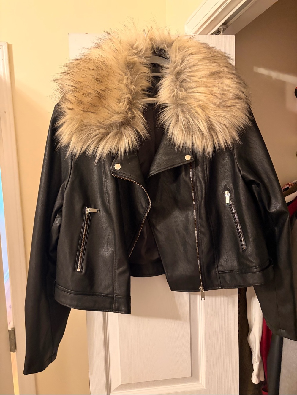 Forever 21 Black Faux Leather Jacket with Tan Fur Collar